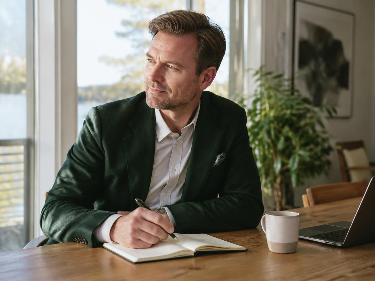 Mikko Korhonen pöydän ääressä valoisassa huoneessa muistiinpanojen kanssa.